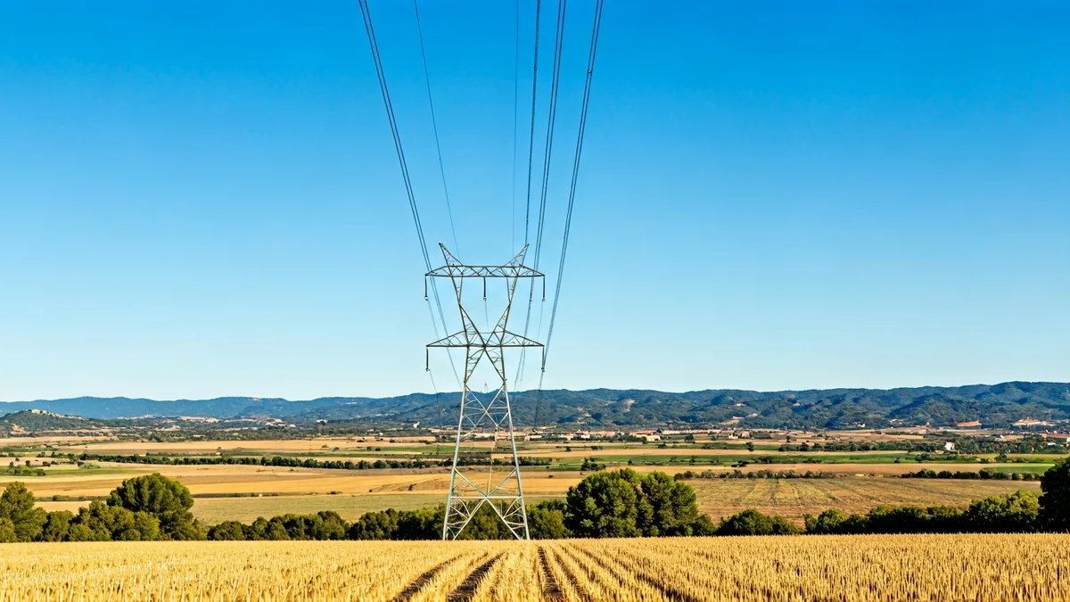 Imatge genèrica d'una torre de línia elèctrica d'alta tensió en un paisatge rural català.