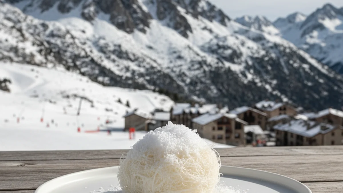 Generic image of a high-altitude mountain landscape with snow details and avant-garde culinary elements.