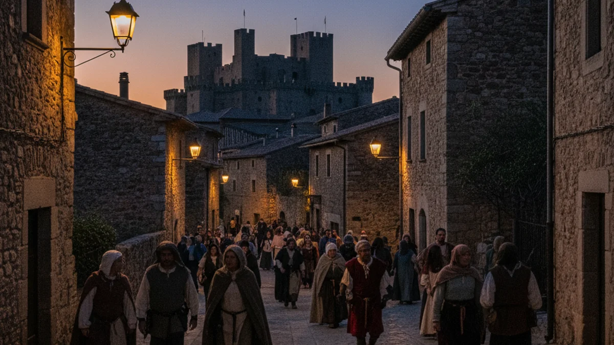 Imatge genèrica d'un nucli antic medieval amb un castell al fons sota una llum crepuscular.