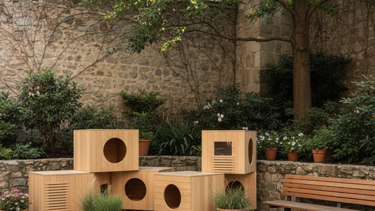 Imagen genérica de casetas de madera para colonias de gatos en un espacio urbano.