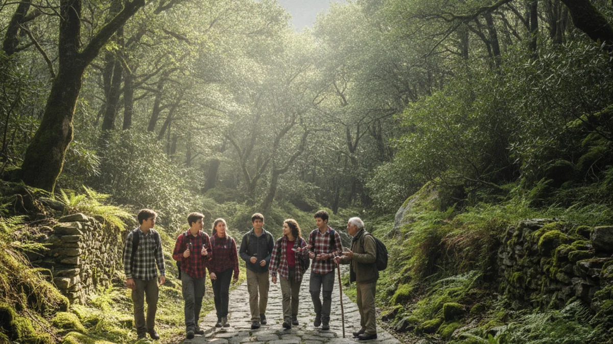 Generic image of an ancient mountain path surrounded by forest with blurred figures of young people and elderly.