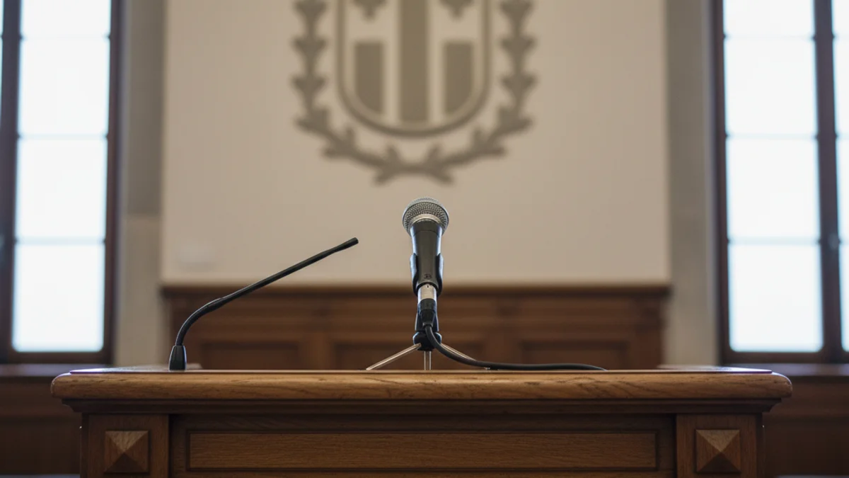 Imatge genèrica d'un micròfon en una sala de premsa institucional.