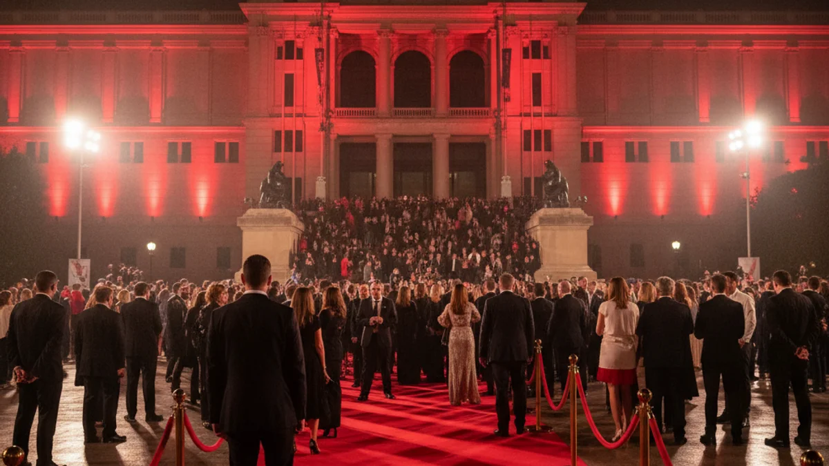 Imatge genèrica de la façana del Museu Nacional d'Art de Catalunya il·luminada per a un esdeveniment nocturn.