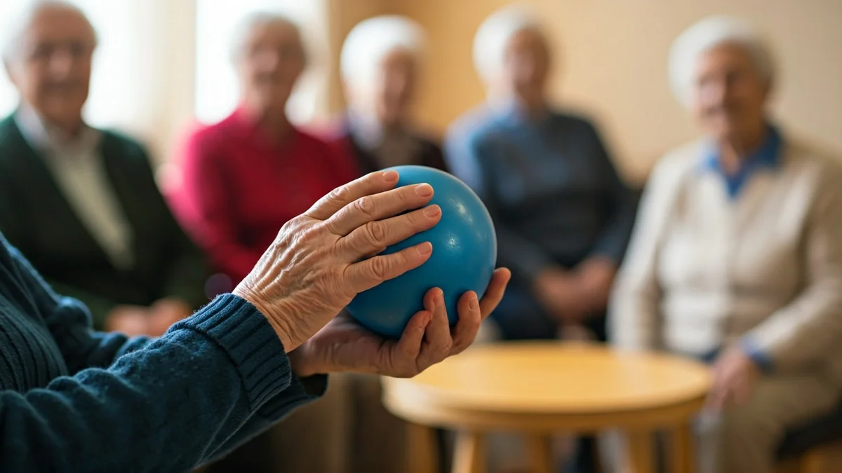 Imagen genérica de unas manos de persona mayor haciendo ejercicio con una pelota pequeña.
