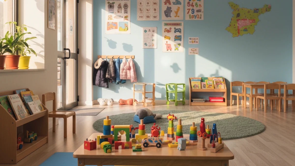 Imatge genèrica d'una sala de jocs infantil amb material educatiu i mobiliari de fusta.