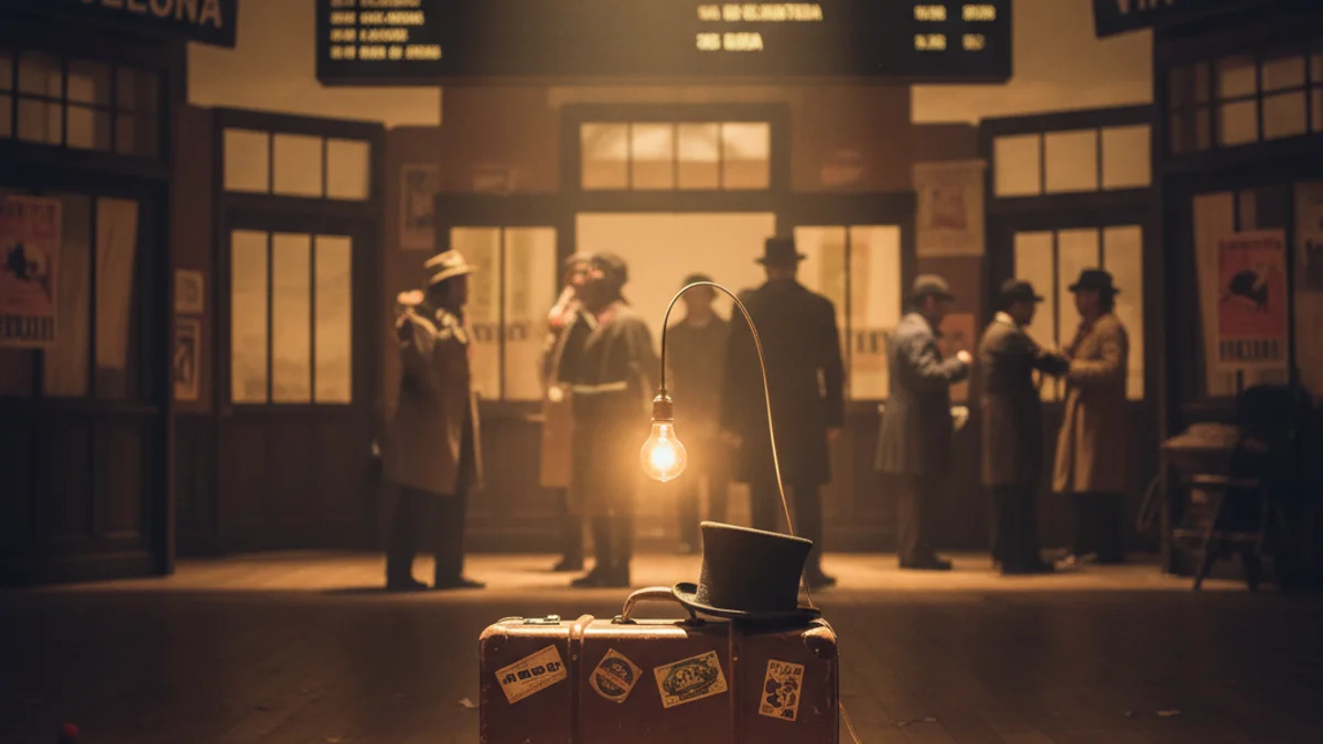 Imatge genèrica d'un escenari de teatre amb una maleta sota un focus, representant un espectacle de màgia i clown.