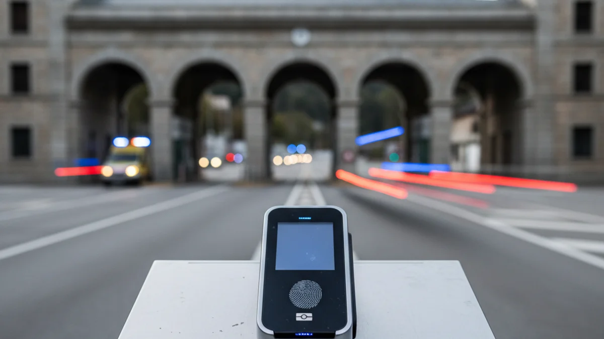 Imatge genèrica d'un punt de control fronterer amb dispositius digitals per al registre de viatgers.