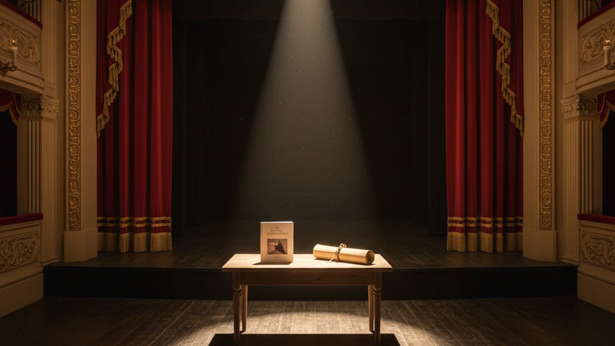 Generic image of a book and an old manuscript on a theater stage table.