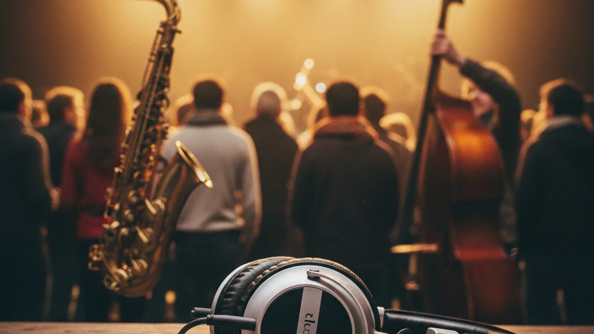 Imagen genérica de unos auriculares e instrumentos musicales bajo luces de escenario.