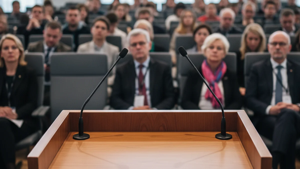 Imatge genèrica d'uns micròfons en un podi durant una conferència sobre periodisme.