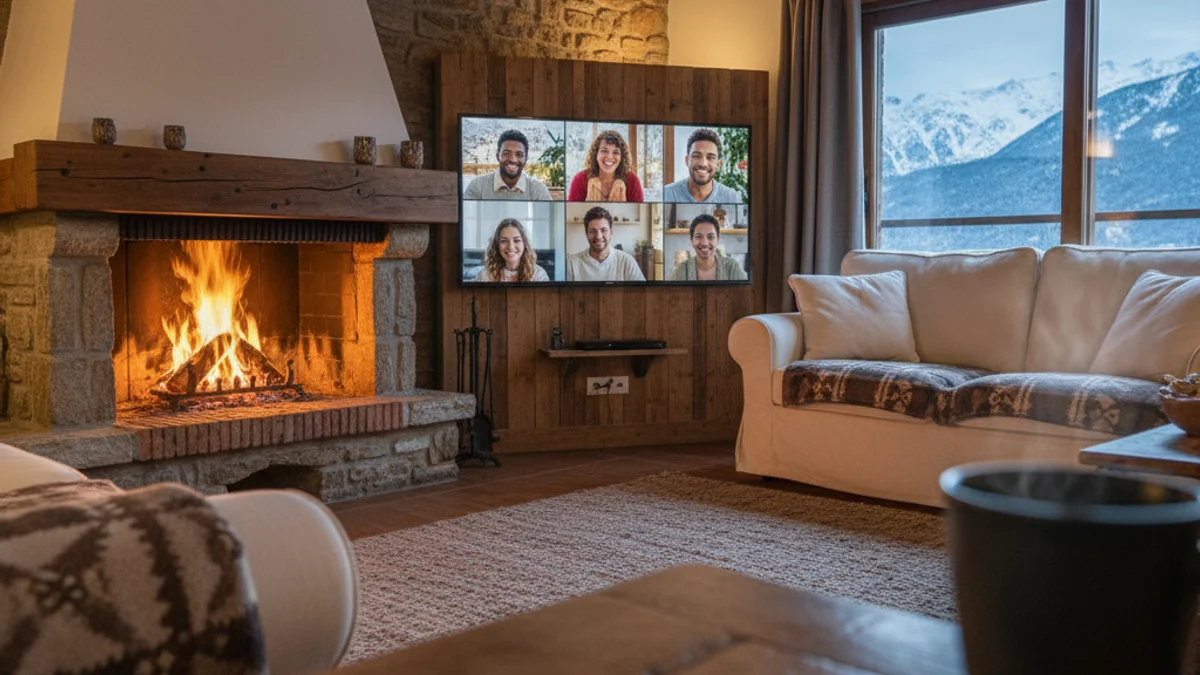 Imatge genèrica d'un televisor en un saló acollidor mostrant una videoconferència grupal.