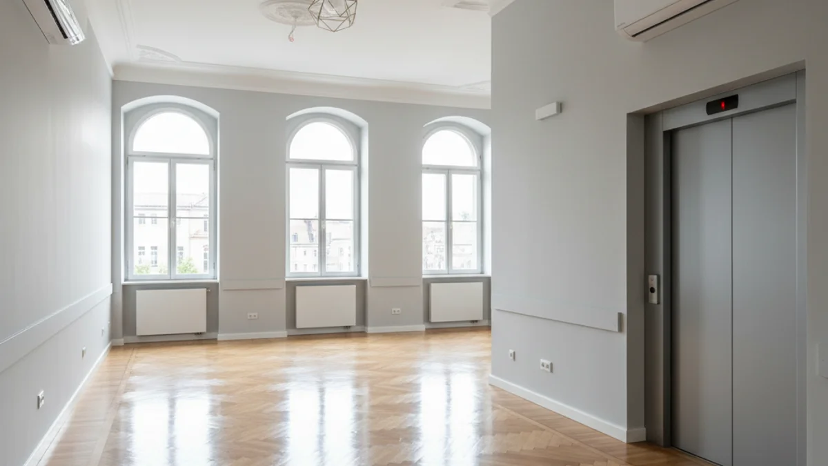 Imagen genérica del interior de una sala polivalente rehabilitada con suelo de parqué e iluminación moderna.