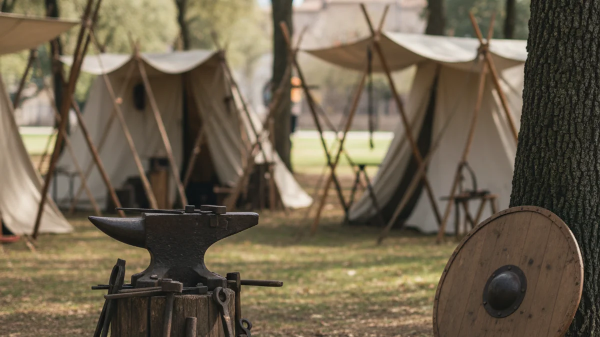 Imatge genèrica d'un campament medieval amb tendes de lona i eines d'època en un parc.