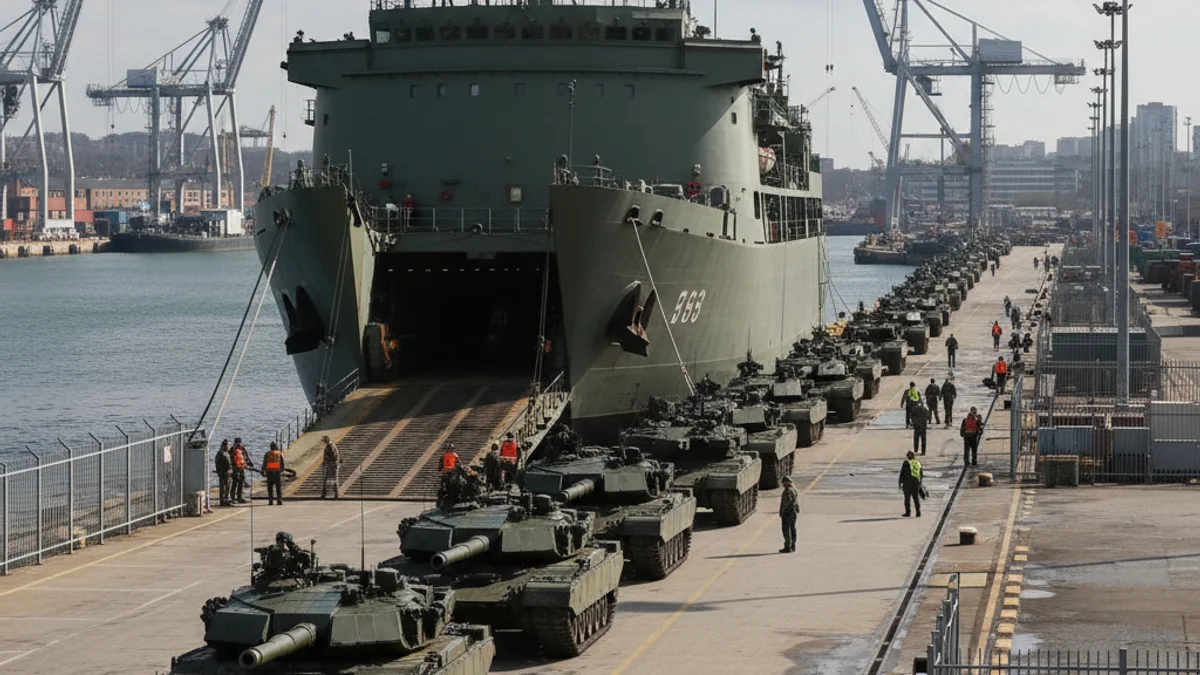 Imatge genèrica del desembarcament de vehicles militars en un port comercial.