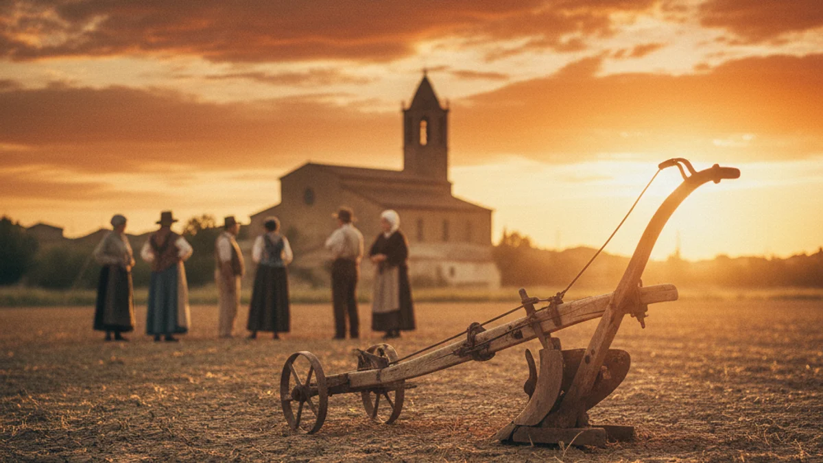 Imatge genèrica d'una arada antiga en un camp de conreu al capvespre.