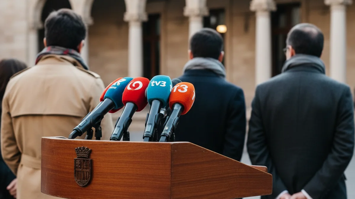Generic image of microphones on a podium in front of the Barcelona City Hall facade.