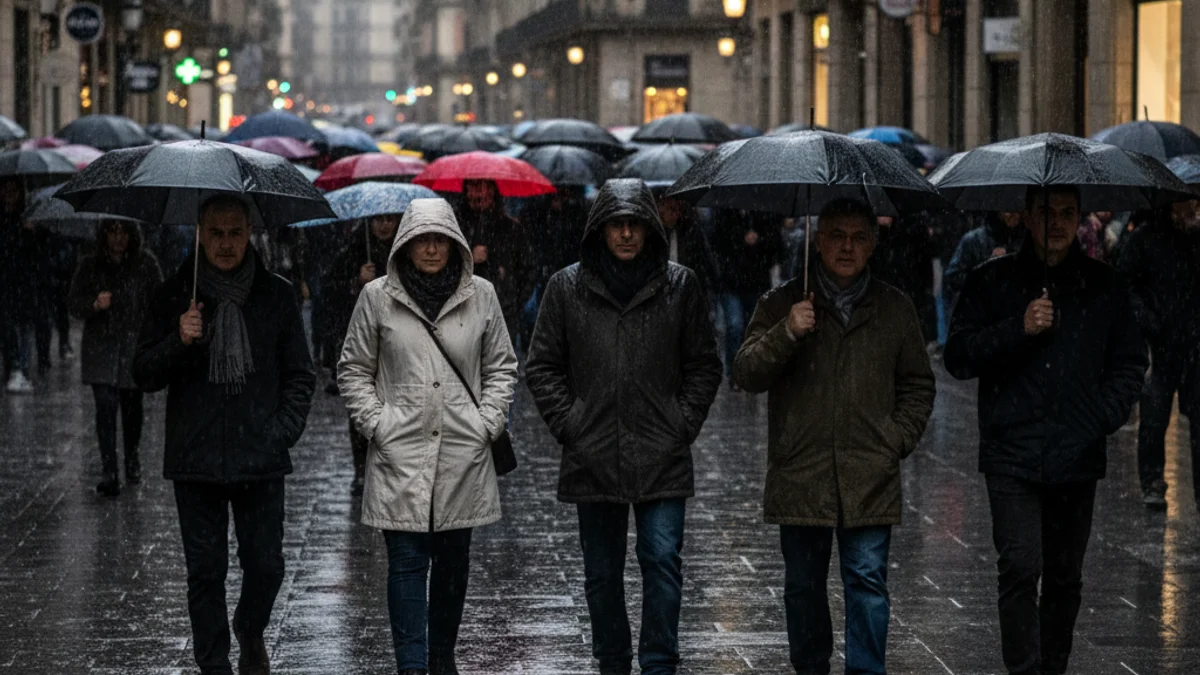 Imatge genèrica d'una manifestació sota la pluja amb paraigües en un carrer de Manresa.