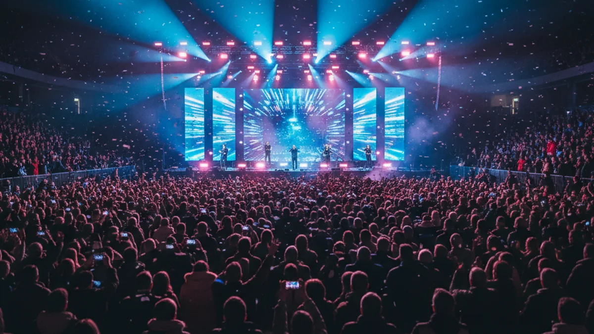 Imatge genèrica d'un concert multitudinari en un gran pavelló amb llums d'escenari.