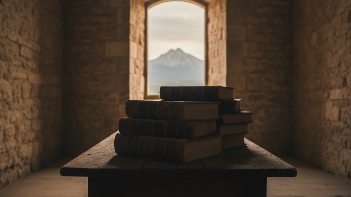 Generic image of books on a wooden table in a historical hall.
