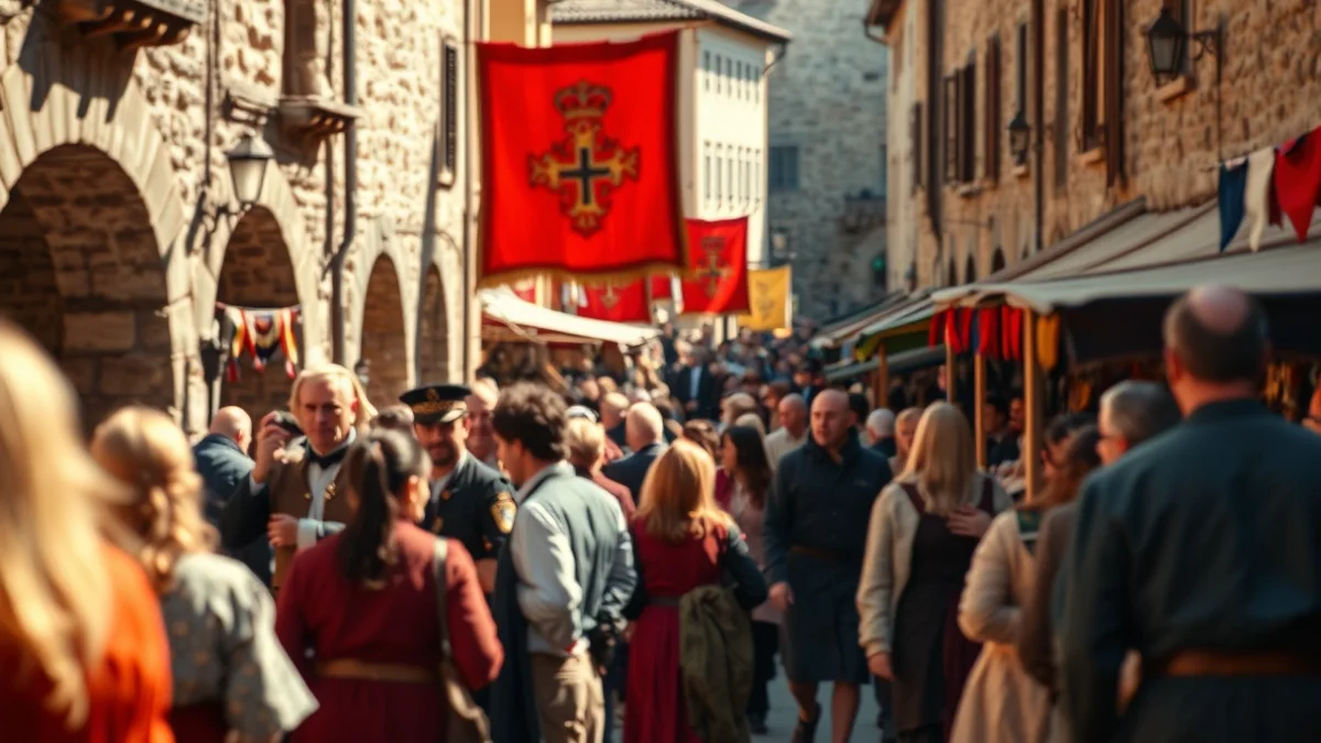 Imatge genèrica d'un carrer històric engalanat per a una fira medieval amb gent passejant.