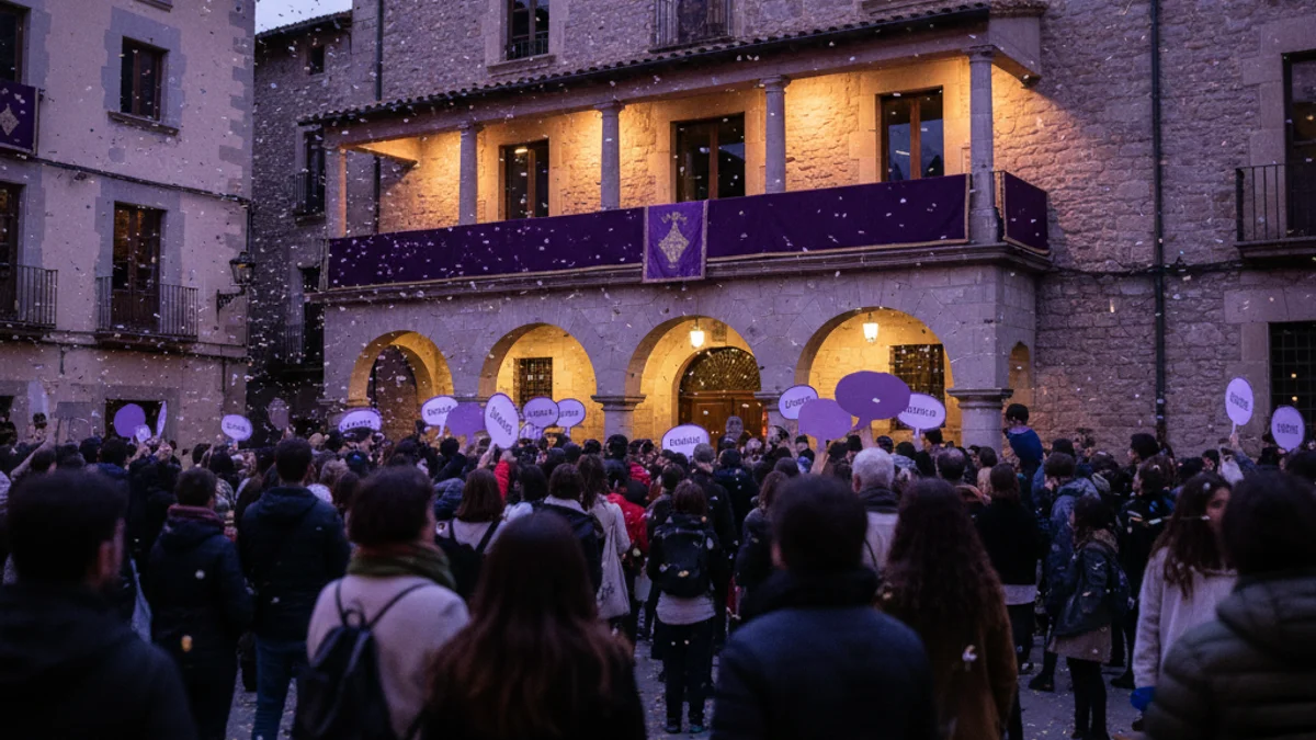 Generic image of a women's rights demonstration with purple signs and banners.