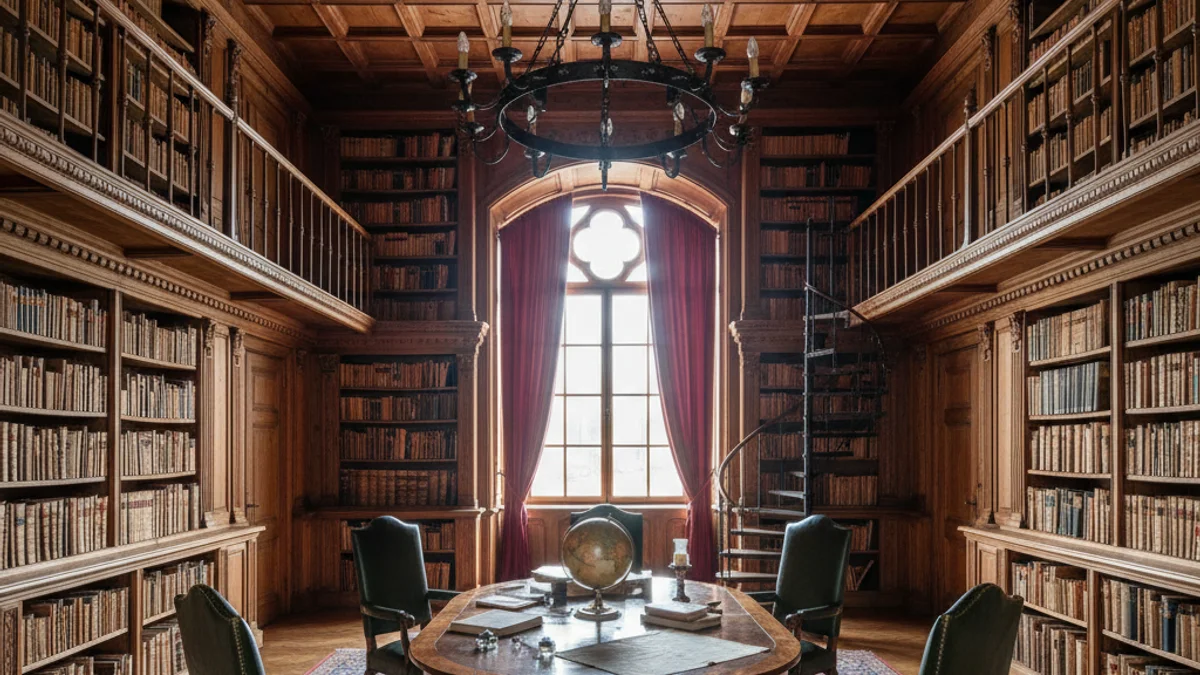 Imatge genèrica d'una biblioteca senyorial amb prestatgeries de fusta i llum natural.