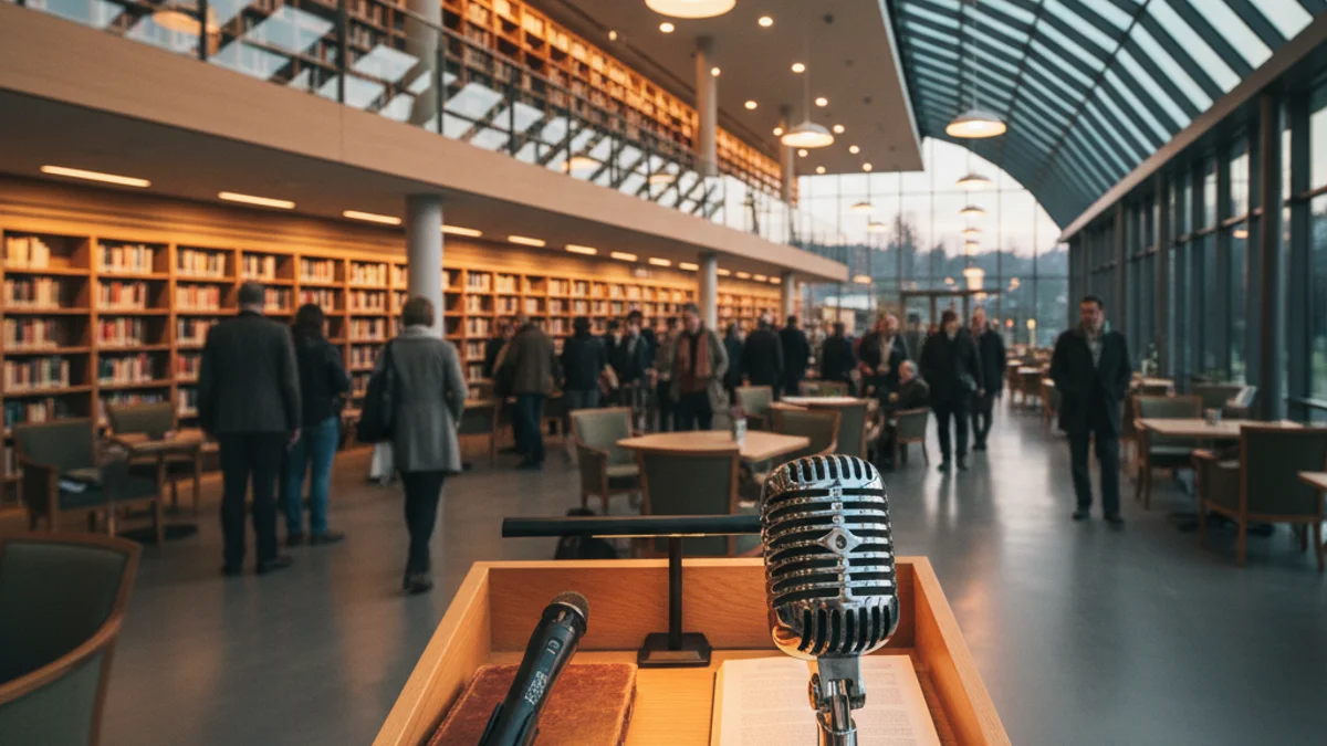 Generic image of an event hall with microphones prepared for a cultural presentation.