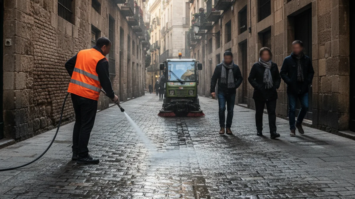 Imagen genérica de una máquina de limpieza urbana trabajando en una calle estrecha del centro histórico.