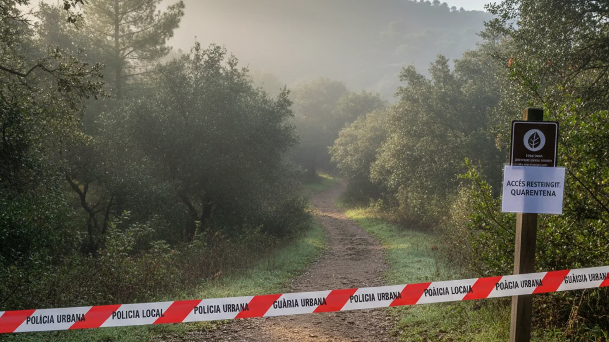 Imagen genérica de un camino forestal precintado con cinta policial en un entorno natural.