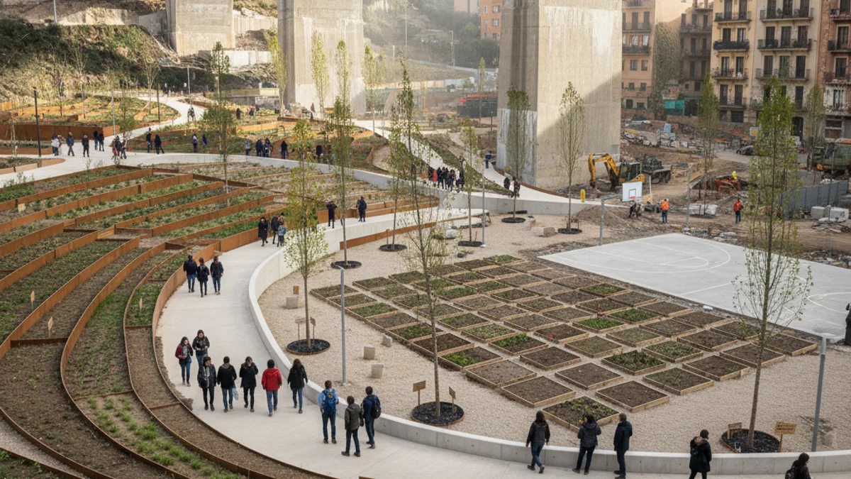 Imatge genèrica de la transformació urbana d'un barri amb noves zones verdes i terrasses accessibles.