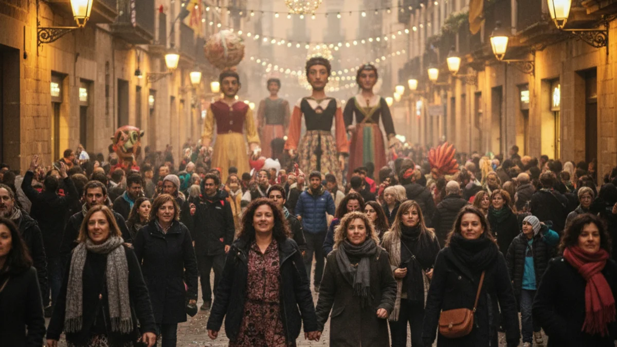 Imatge genèrica d'una celebració festiva als carrers de Barcelona amb elements tradicionals.
