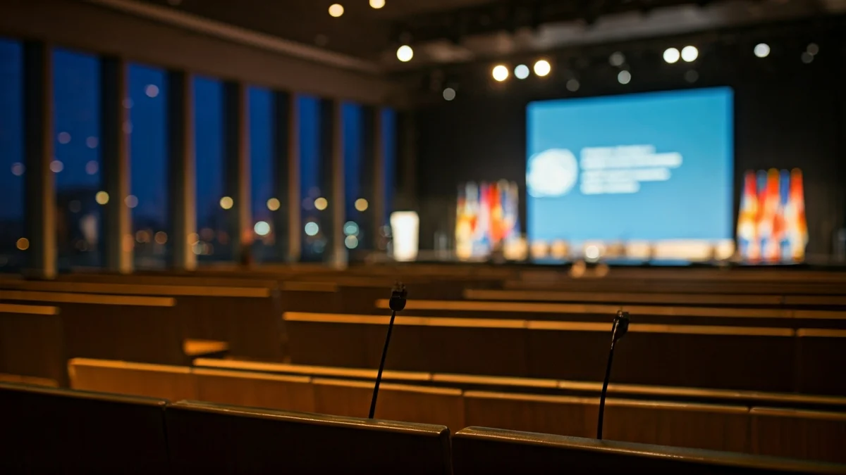 Imatge genèrica d'un escenari de conferències amb micròfons i seients buits, il·luminat amb llums càlides, amb vistes borroses de la ciutat de Barcelona a través de les finestres.