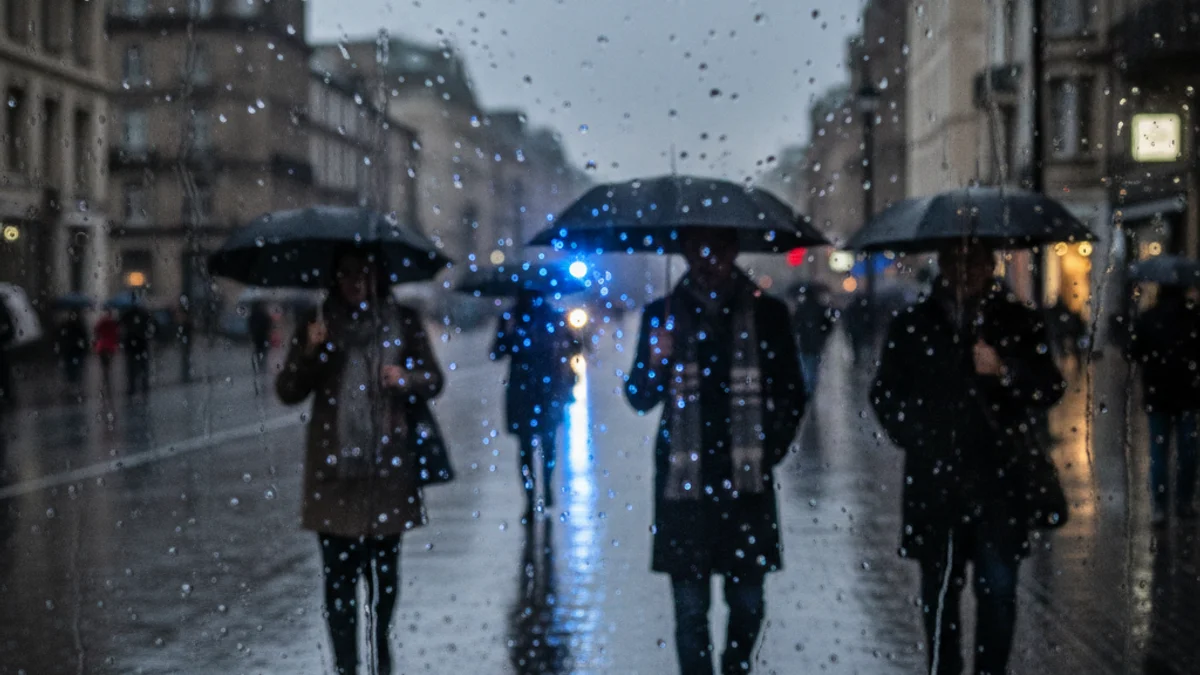 Imatge genèrica d'un carrer mullat sota un cel tèrbol durant un episodi de pluges.