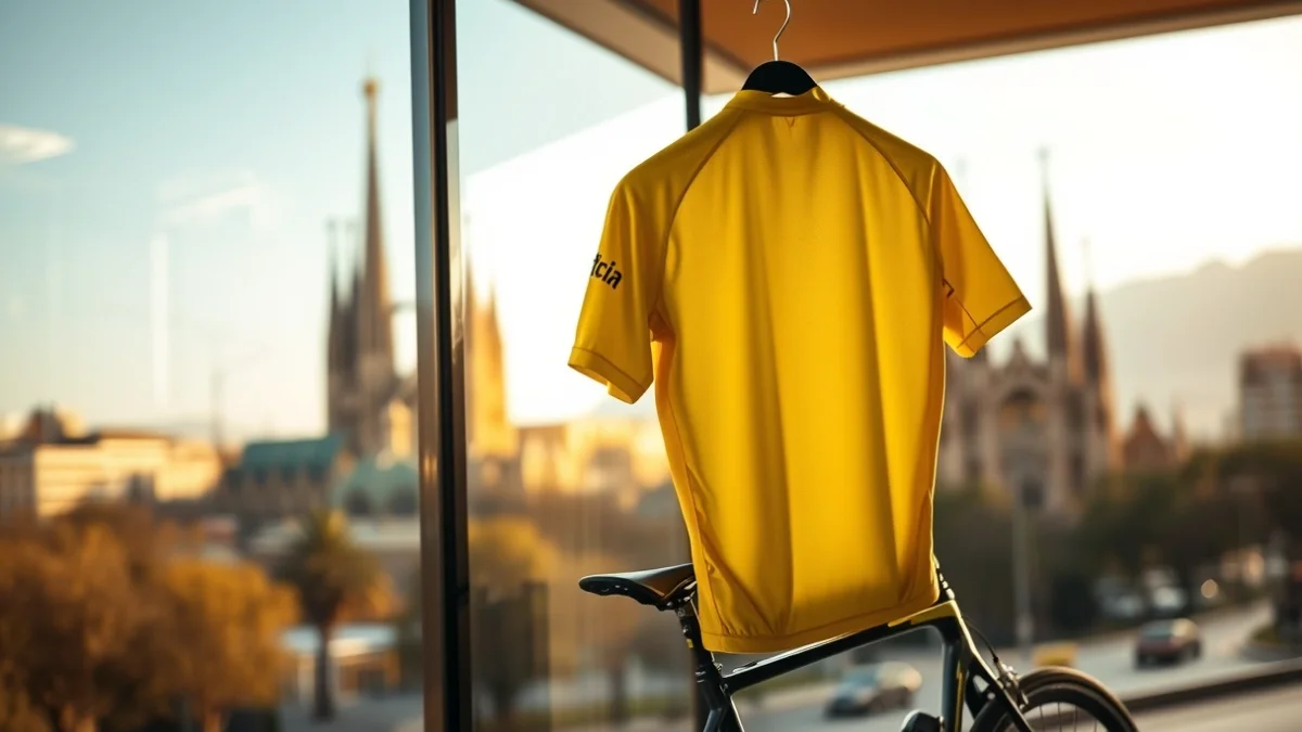 Imatge genèrica d'un mallot groc de ciclisme amb la ciutat de Barcelona de fons.