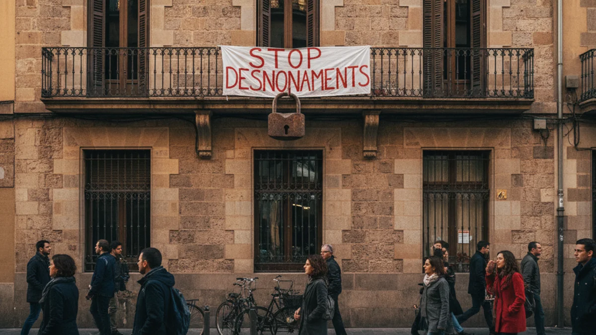 Imatge genèrica d'un edifici d'habitatges a Barcelona amb un cartell de protesta contra els desnonaments.