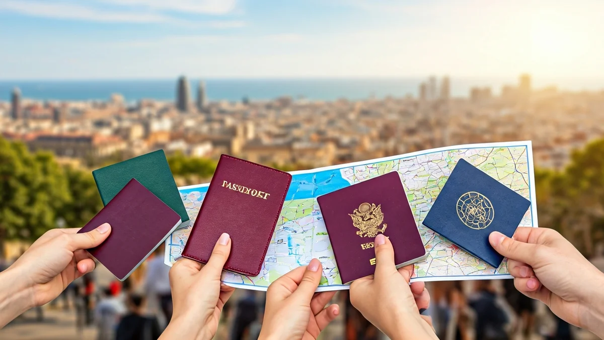 Imagen genérica de varias manos sosteniendo pasaportes internacionales y un mapa de Barcelona, con la silueta de la ciudad difuminada al fondo.