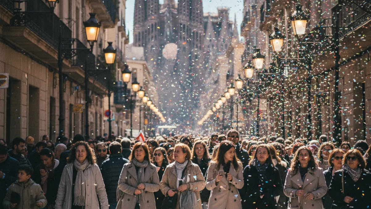 Generic image of a festive celebration in the streets of Barcelona during spring.