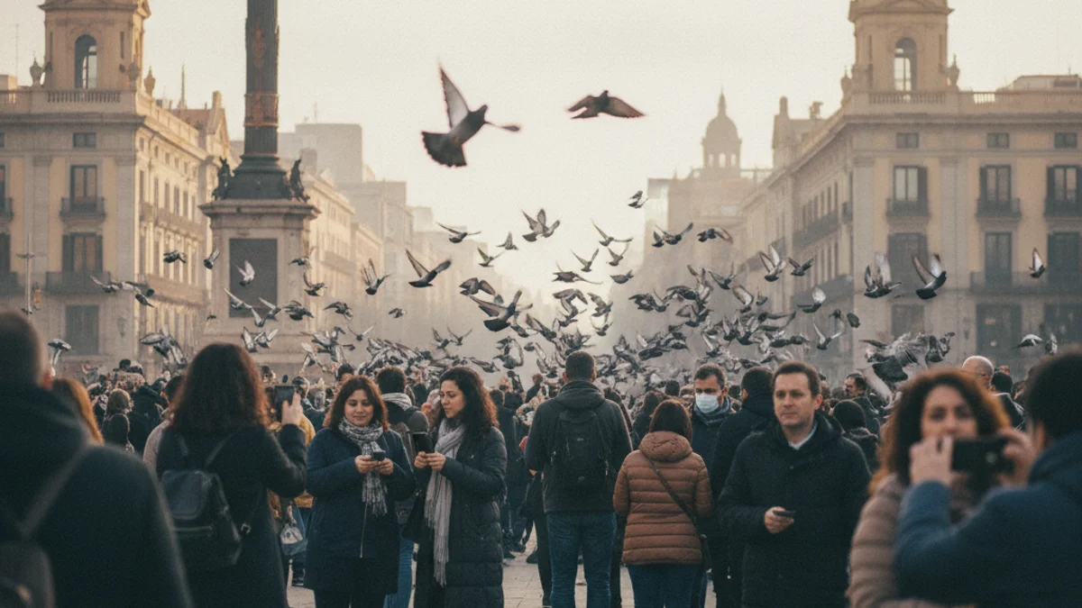 Generic image of a large number of pigeons flying in an urban square in Barcelona.