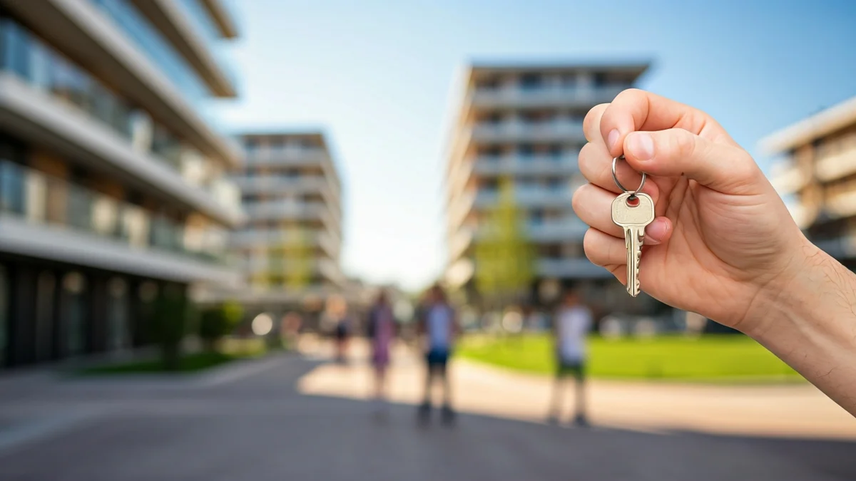 Imatge genèrica d'una mà sostenint una clau amb edificis d'apartaments al fons, simbolitzant nous habitatges.
