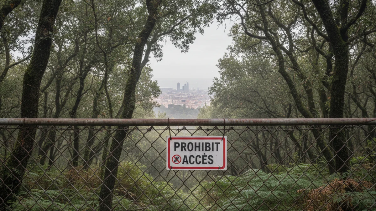Imatge genèrica d'un camí forestal tancat amb una tanca metàl·lica al Parc Natural de Collserola.