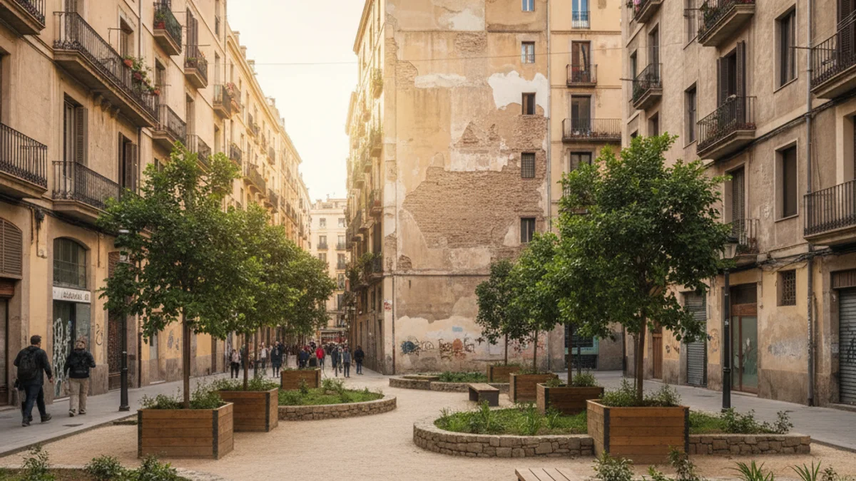 Imagen genérica de un solar urbano transformado en un pequeño jardín público con bancos y vegetación joven.