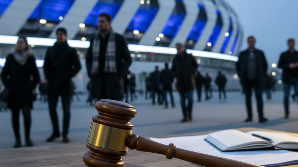 Imatge genèrica d'un mall de jutge sobre una taula amb un estadi difuminat al fons.