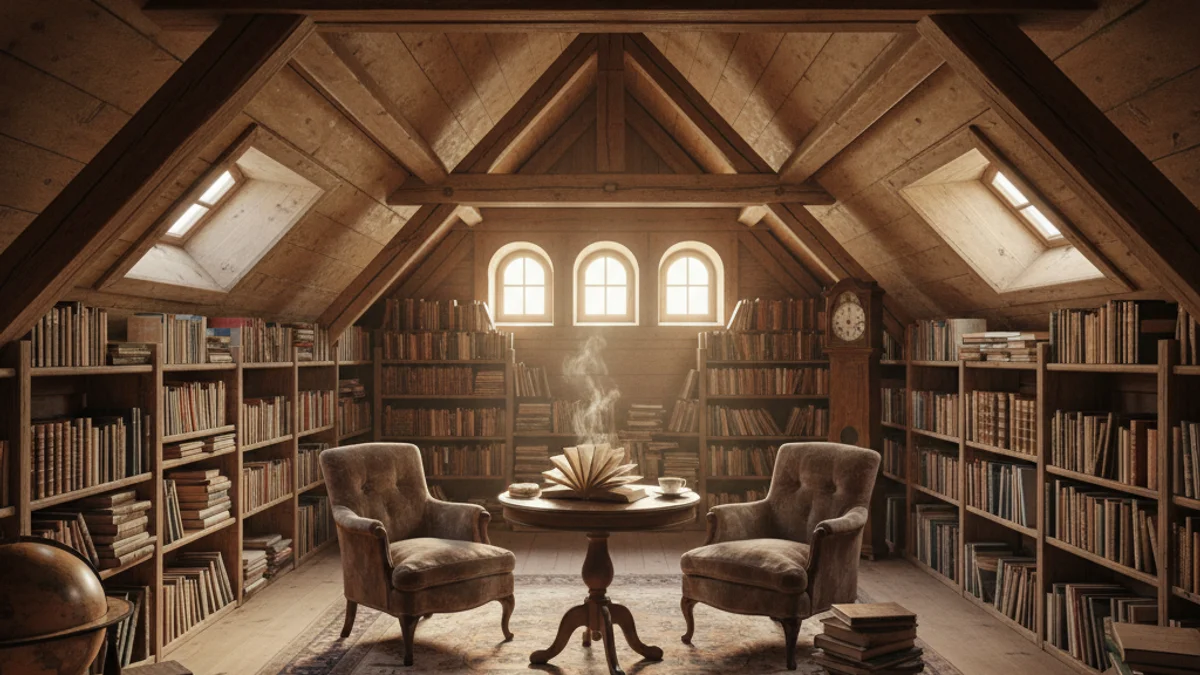 Imatge genèrica de l'interior d'una biblioteca acollidora situada en unes golfes històriques amb bigues de fusta.