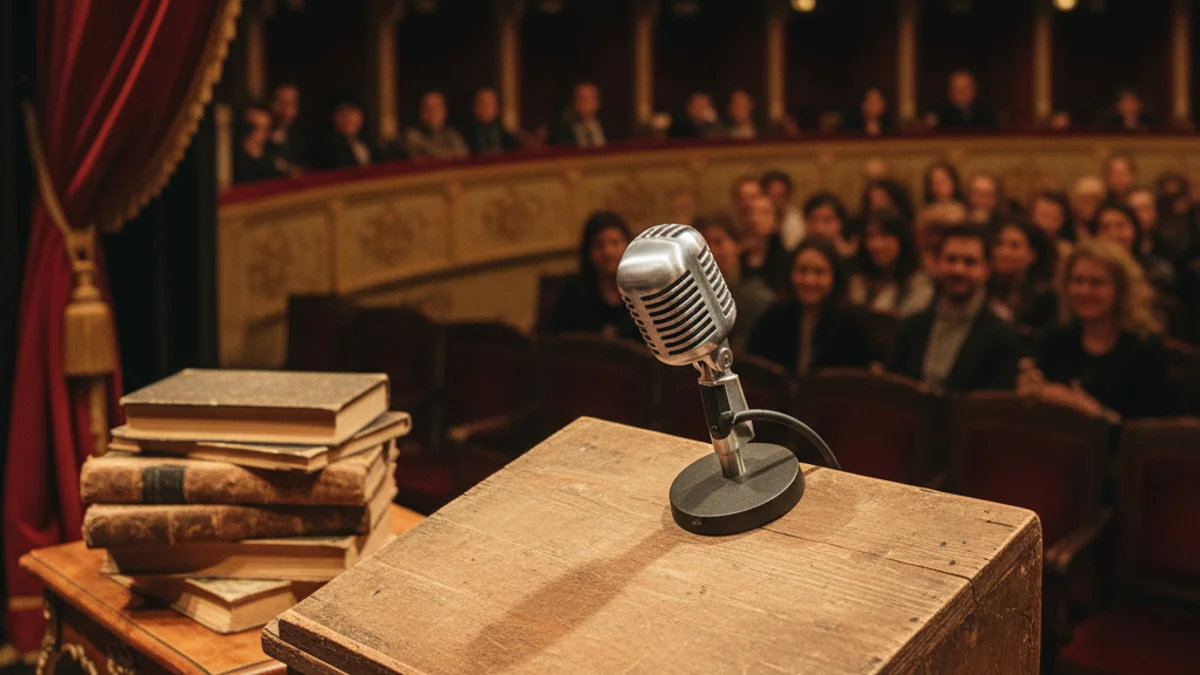 Generic image of a theater stage with a podium and books prepared for a cultural gala.
