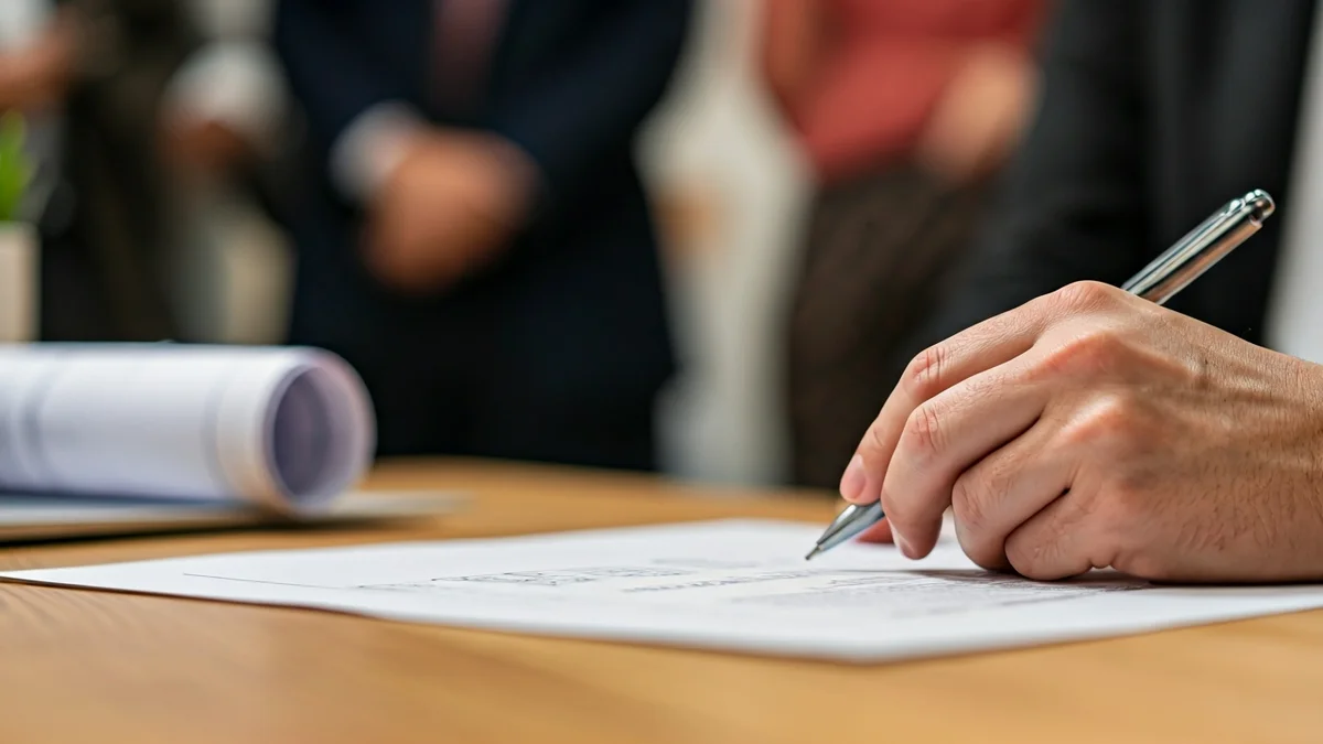 Generic image of a hand signing a document on a wooden table, with blurred architectural plans