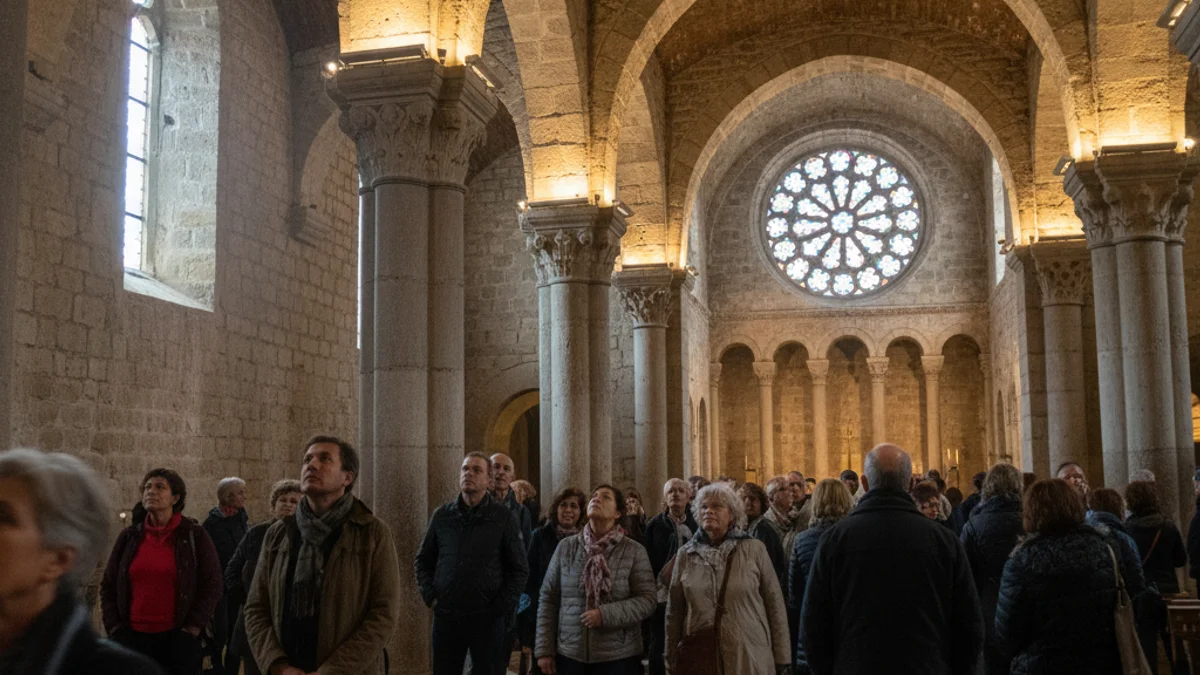 Imatge genèrica de l'interior d'una església romànica amb il·luminació moderna.