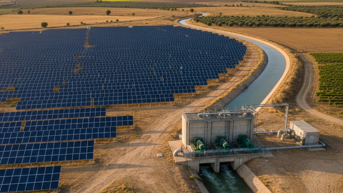 Imagen genérica de una instalación de placas fotovoltaicas en una zona de regadío agrícola.