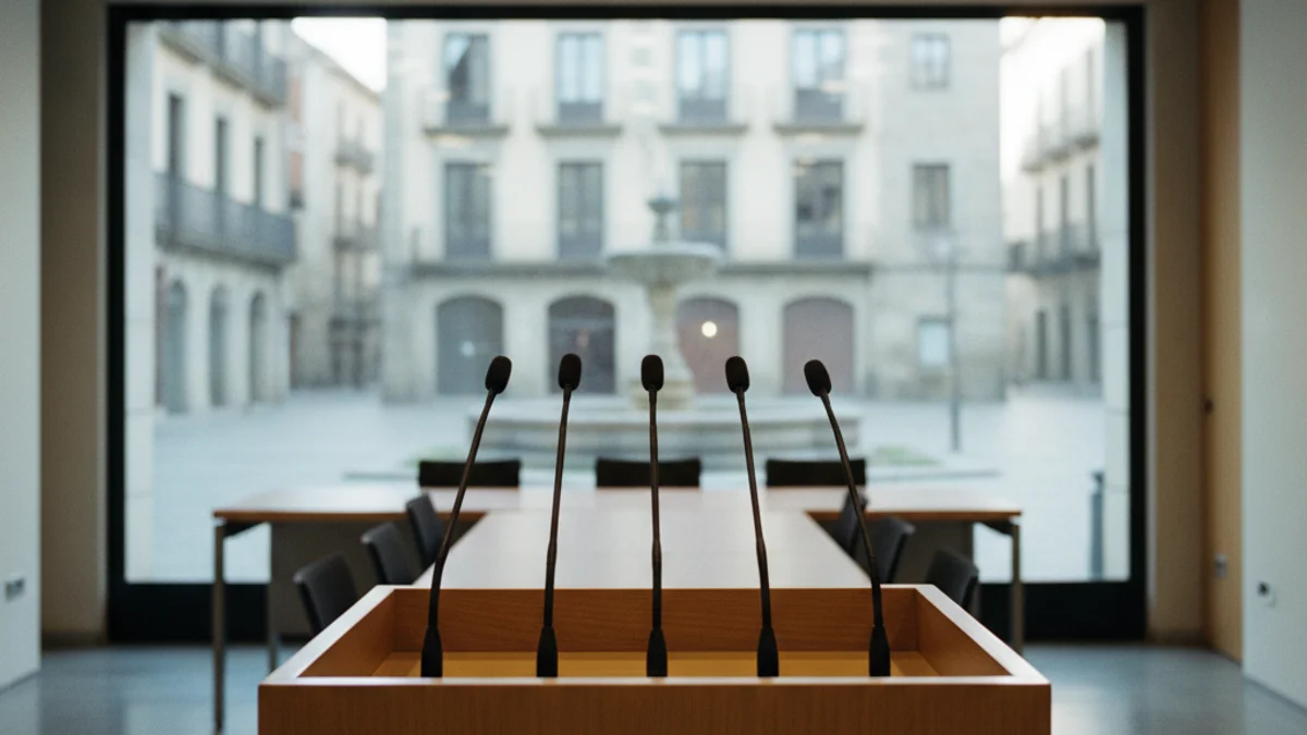 Generic image of a municipal plenary hall prepared for political negotiations.