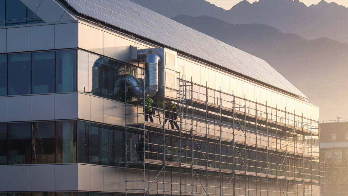 Generic image of HVAC installations and solar panels on a public building.