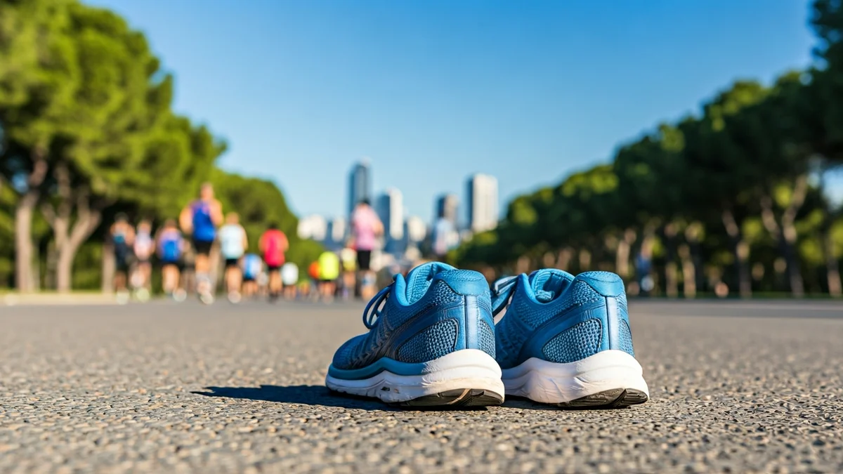 Generic image of running shoes on a path, with a blurred city skyline in the background.